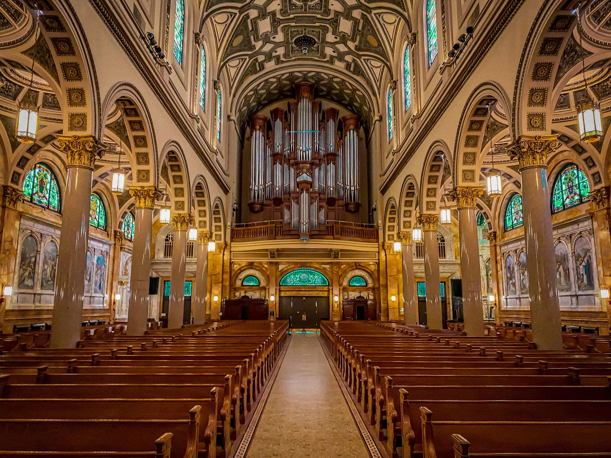 Catholic church interior with warm light