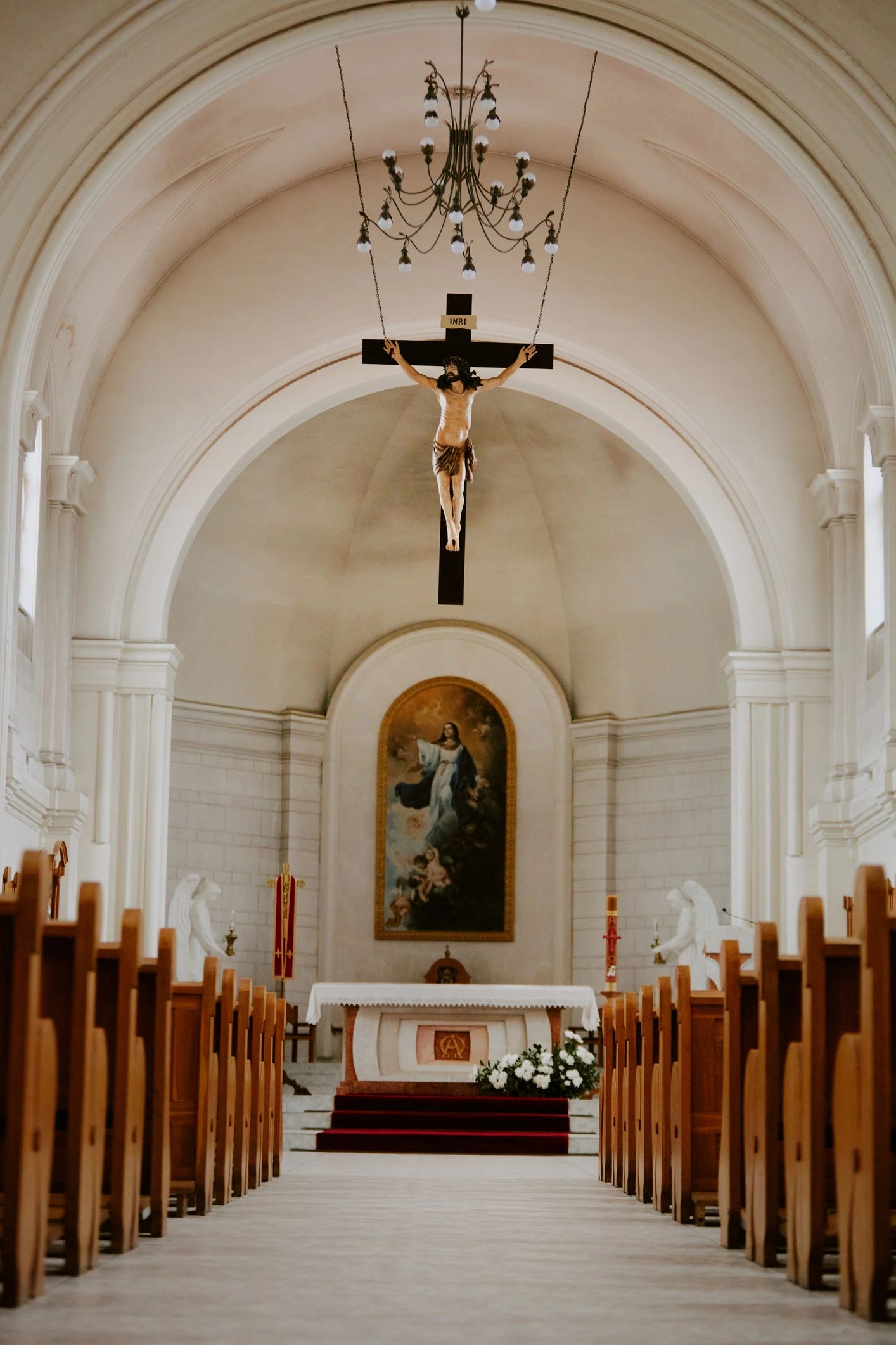 Interior of a Catholic cathedral with altar and nave